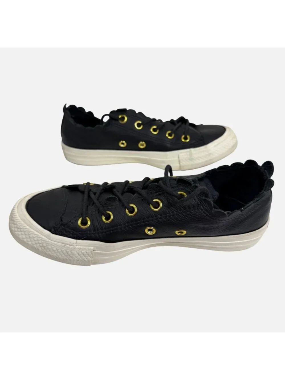CONVERSE Chuck Taylor Black Leather Low Sneakers "Frilly Thrills" Women's Sz 5 - Picture 6 of 10